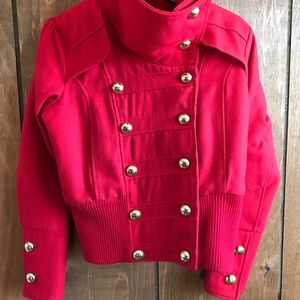 Red Plain Double Breasted Military Short Peacoat